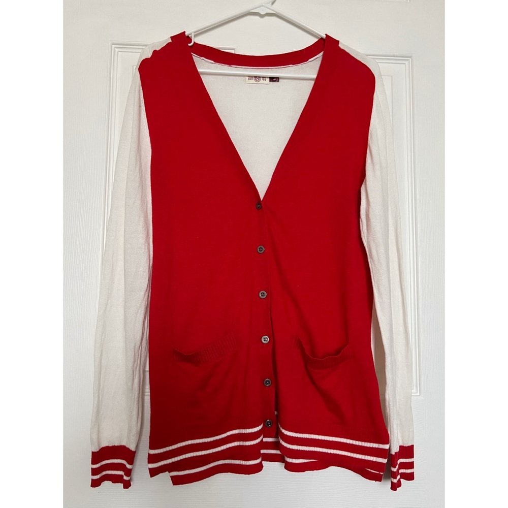 Varsity red and white cardigan